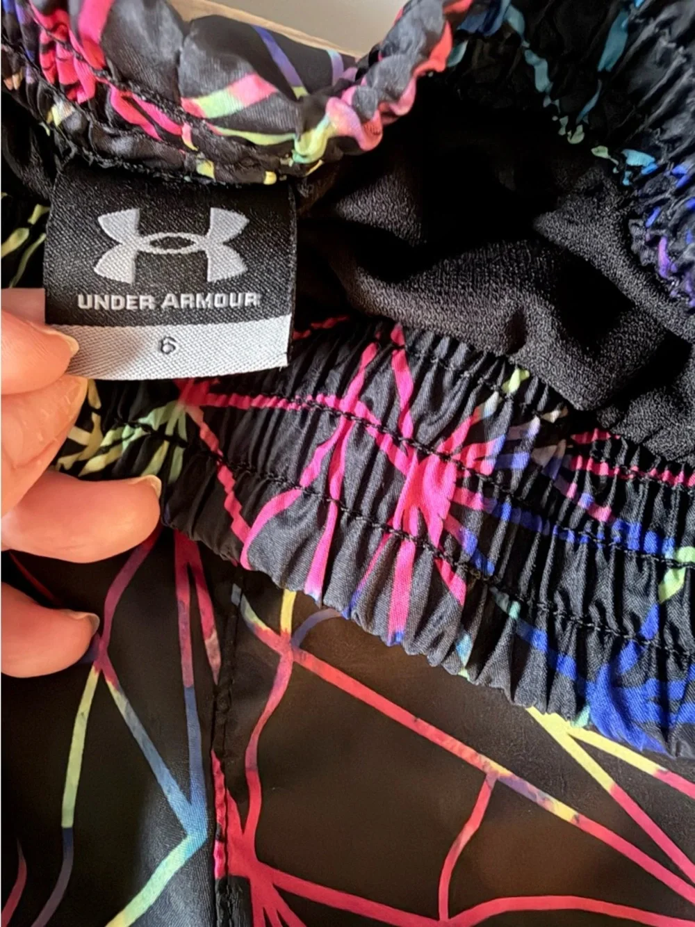 Girls Under Armour Black Athletic Shorts with Neon Geo Lines Size 6 - Picture 2 of 3